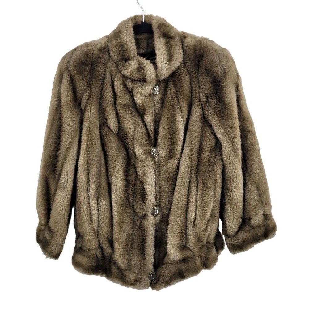 Vintage 60s Tissavel Vegan Faux Fur Jacket Coat L Brown Button Up Bomber USA